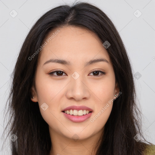 Joyful asian young-adult female with long  brown hair and brown eyes