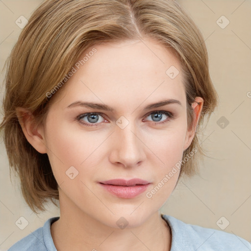 Joyful white young-adult female with medium  brown hair and blue eyes