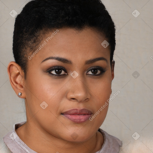 Joyful latino young-adult female with short  brown hair and brown eyes