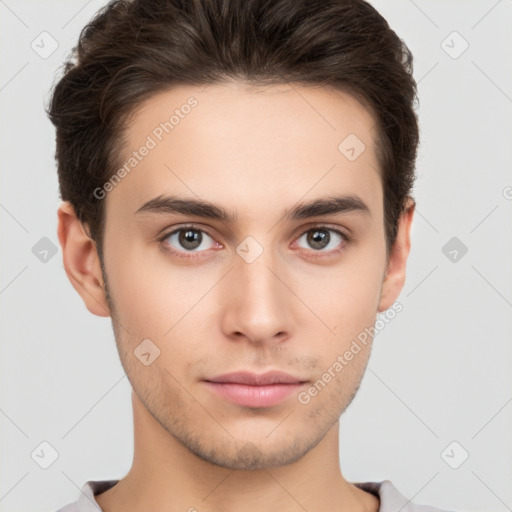 Neutral white young-adult male with short  brown hair and brown eyes