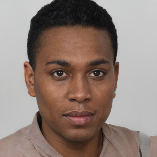 Neutral black young-adult male with short  black hair and brown eyes