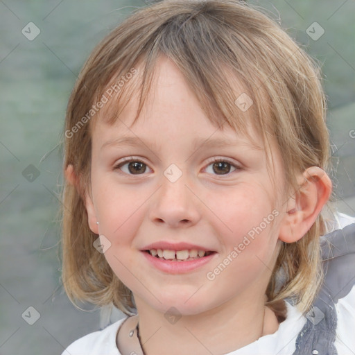 Joyful white child female with medium  brown hair and brown eyes