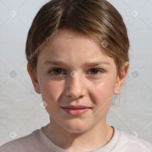 Joyful white child female with short  brown hair and brown eyes