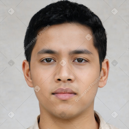 Neutral asian young-adult male with short  black hair and brown eyes