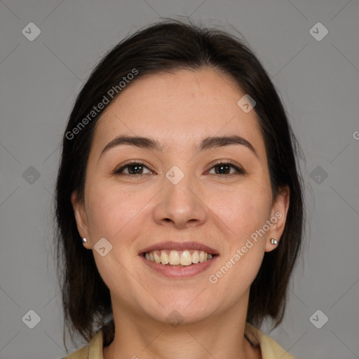 Joyful white young-adult female with medium  brown hair and brown eyes