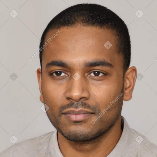 Neutral black young-adult male with short  black hair and brown eyes