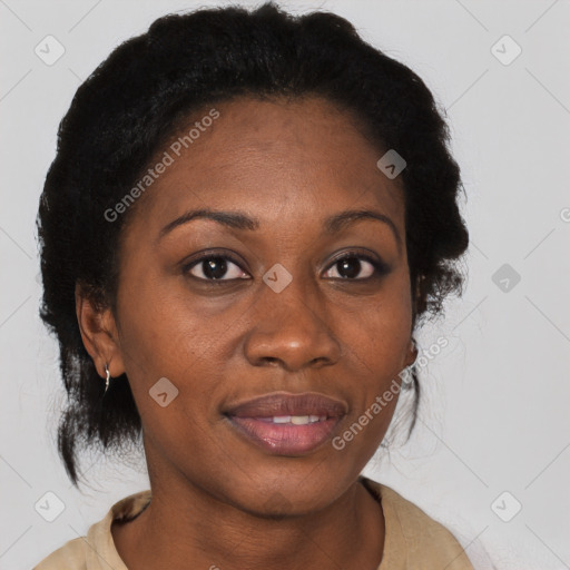 Joyful latino adult female with short  brown hair and brown eyes