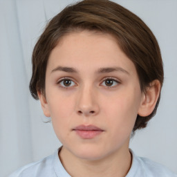 Neutral white young-adult female with short  brown hair and brown eyes