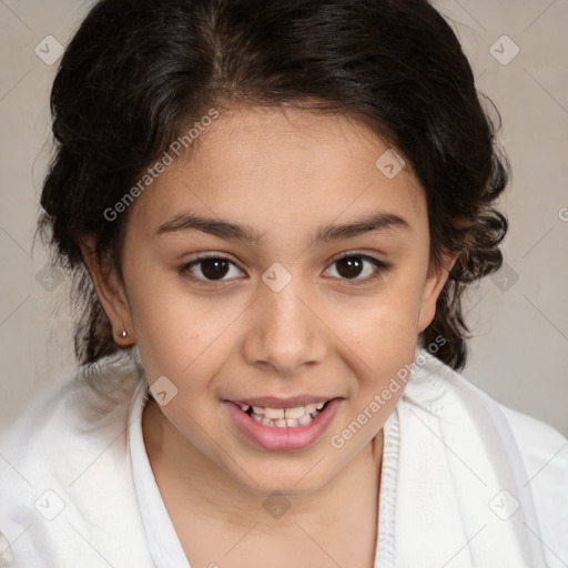 Joyful white child female with medium  brown hair and brown eyes