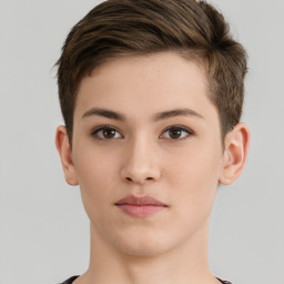 Neutral white young-adult female with short  brown hair and brown eyes