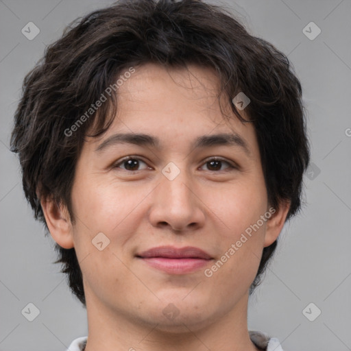 Joyful white young-adult male with medium  brown hair and brown eyes