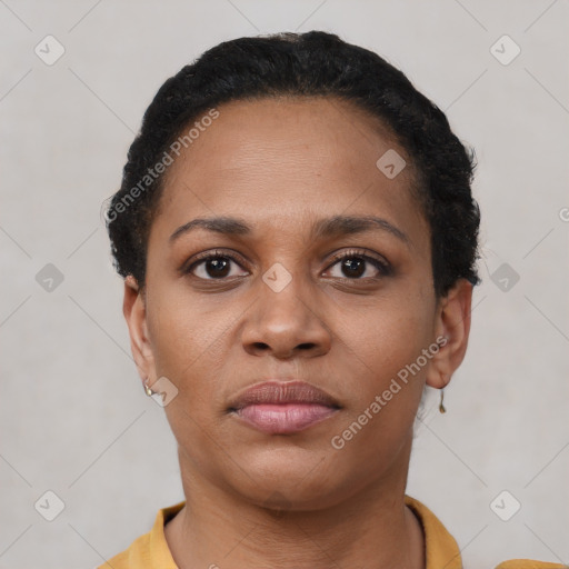 Neutral latino young-adult female with short  black hair and brown eyes