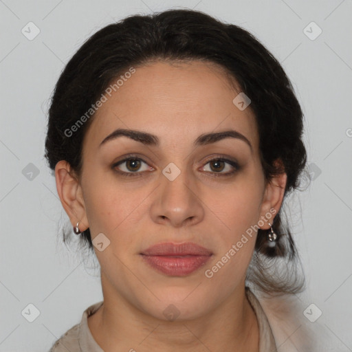 Joyful latino young-adult female with long  brown hair and brown eyes