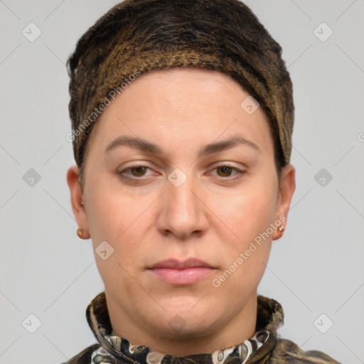 Joyful white young-adult female with short  brown hair and grey eyes