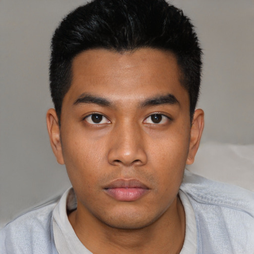 Neutral asian young-adult male with short  black hair and brown eyes