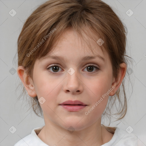 Joyful white child female with medium  brown hair and brown eyes