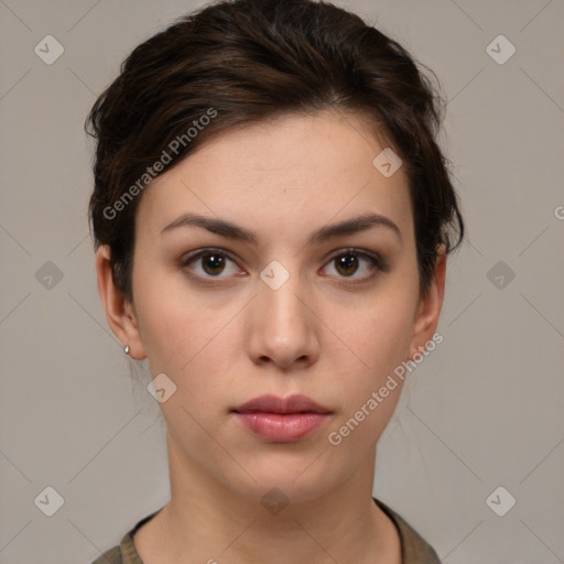 Neutral white young-adult female with short  brown hair and brown eyes