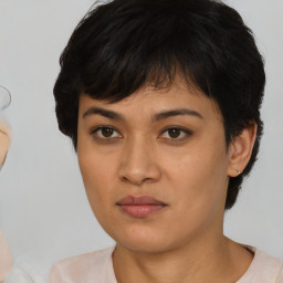 Neutral white young-adult female with medium  brown hair and brown eyes