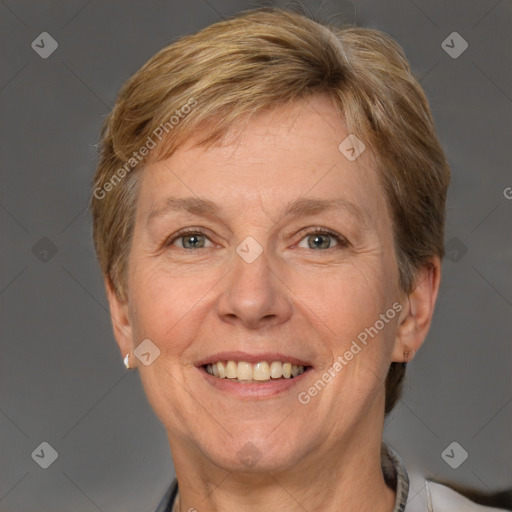 Joyful white adult female with short  brown hair and brown eyes