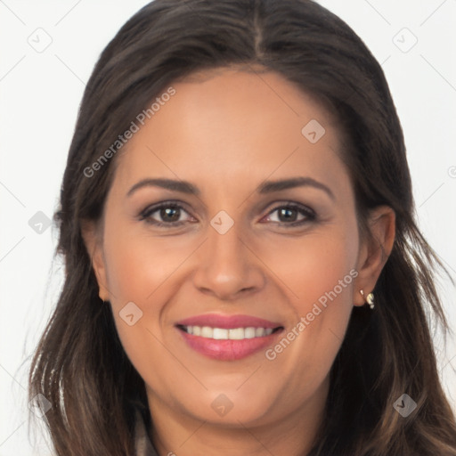 Joyful white young-adult female with long  brown hair and brown eyes