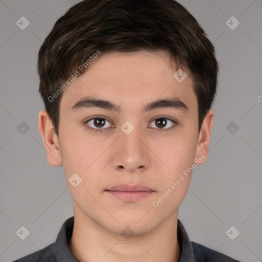 Neutral white young-adult male with short  brown hair and brown eyes