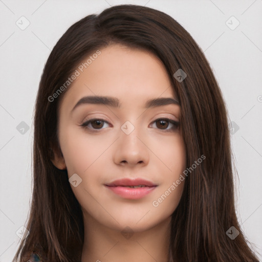 Neutral white young-adult female with long  brown hair and brown eyes