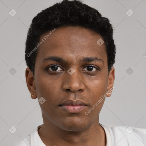 Neutral black young-adult male with short  black hair and brown eyes