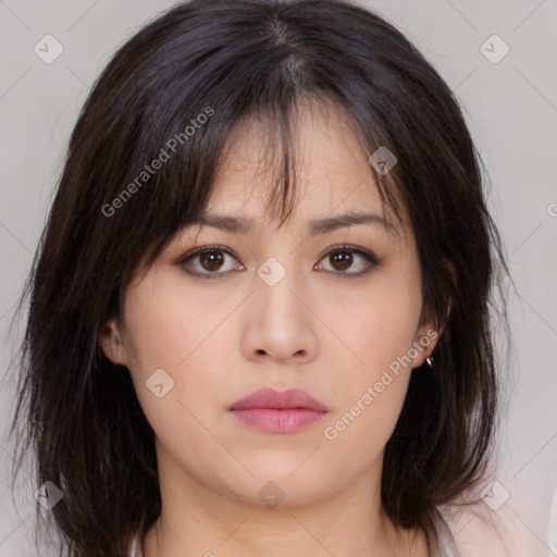 Neutral asian young-adult female with medium  brown hair and brown eyes