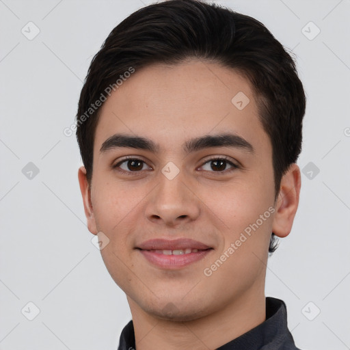 Joyful white young-adult male with short  brown hair and brown eyes