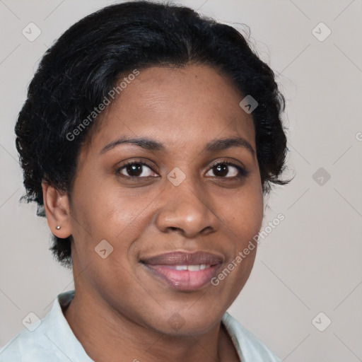 Joyful latino young-adult female with short  brown hair and brown eyes