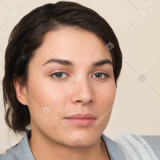 Neutral white young-adult female with medium  brown hair and brown eyes