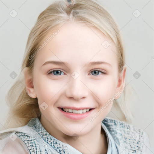 Joyful white child female with medium  brown hair and blue eyes