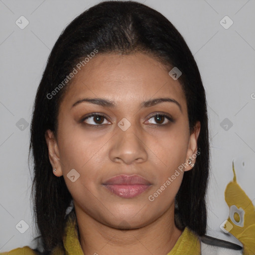 Joyful latino young-adult female with long  brown hair and brown eyes