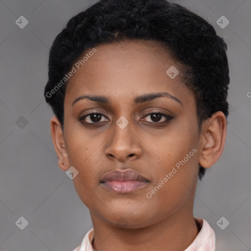 Neutral black young-adult female with short  black hair and brown eyes