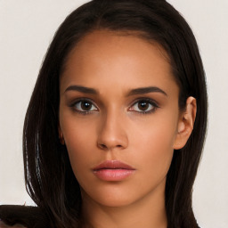 Neutral latino young-adult female with long  brown hair and brown eyes