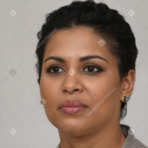 Neutral black young-adult female with short  brown hair and brown eyes
