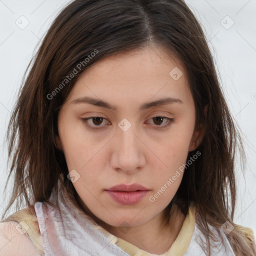 Neutral white young-adult female with medium  brown hair and brown eyes