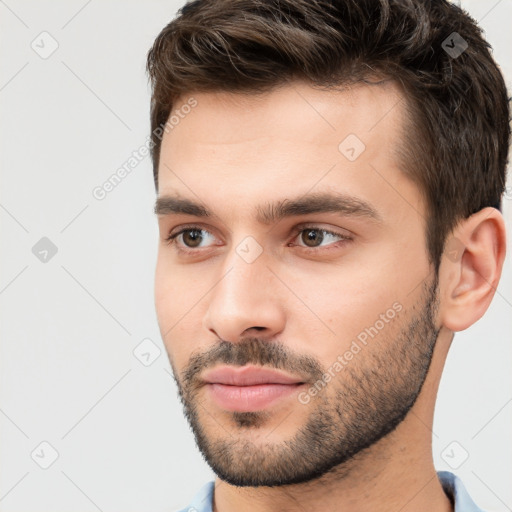 Neutral white young-adult male with short  brown hair and brown eyes