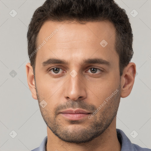 Neutral white young-adult male with short  brown hair and brown eyes