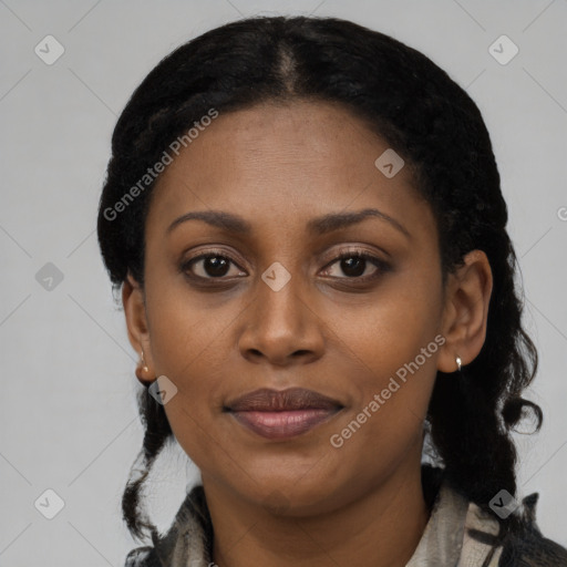 Joyful latino young-adult female with short  black hair and brown eyes