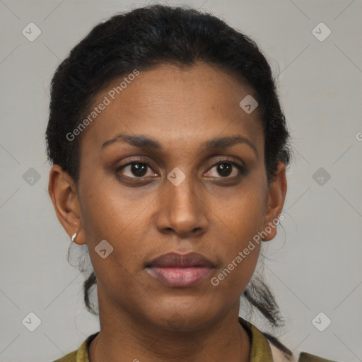 Neutral latino young-adult female with short  brown hair and brown eyes