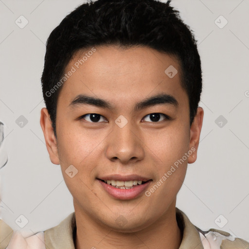 Joyful latino young-adult male with short  brown hair and brown eyes