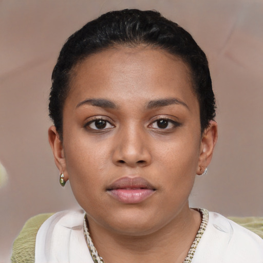 Neutral black young-adult female with short  brown hair and brown eyes