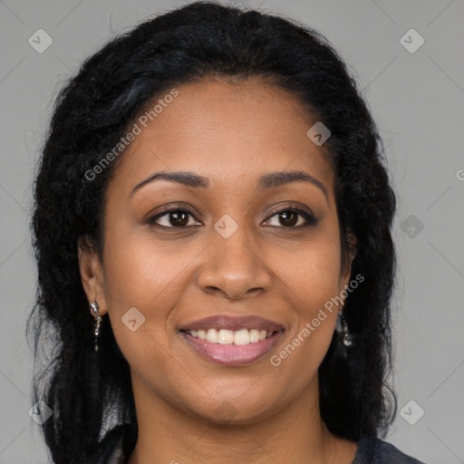 Joyful latino young-adult female with long  brown hair and brown eyes