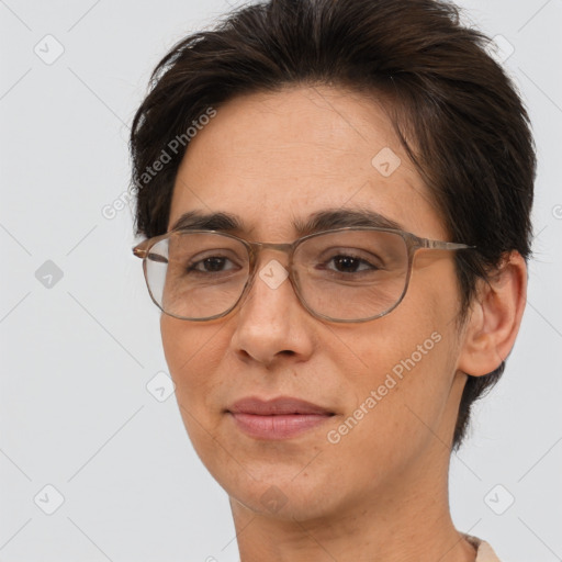 Joyful white adult female with short  brown hair and brown eyes