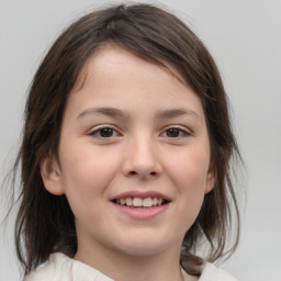 Joyful white child female with medium  brown hair and brown eyes