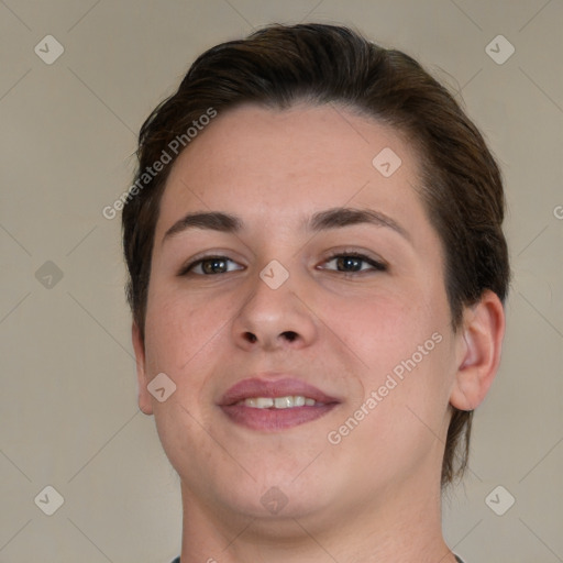 Joyful white young-adult female with short  brown hair and brown eyes