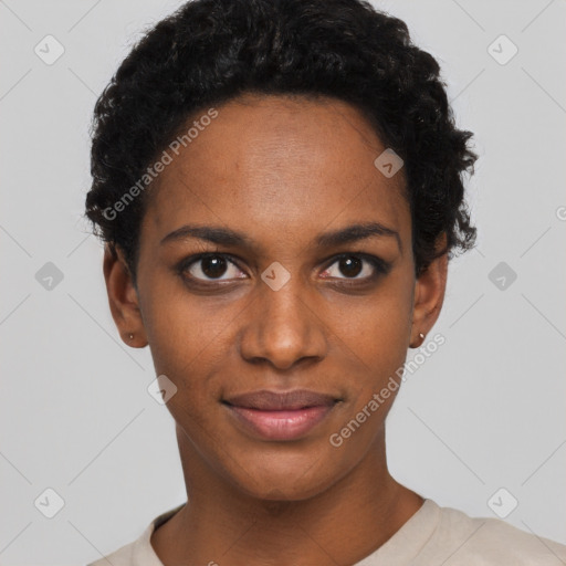 Joyful black young-adult female with short  black hair and brown eyes