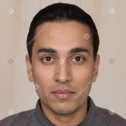 Neutral white young-adult male with short  black hair and brown eyes