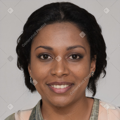 Joyful black young-adult female with medium  black hair and brown eyes